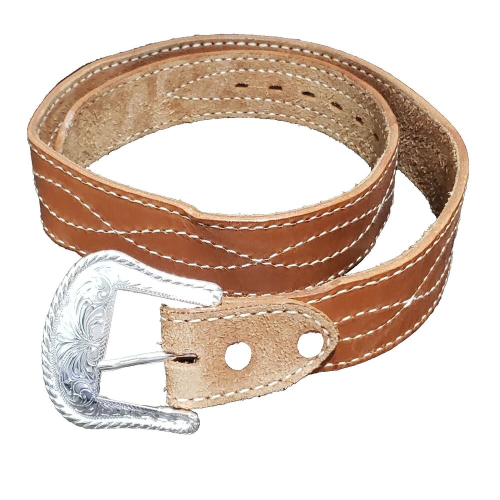 Justin Brown Tan Leather Reversible Belt Silver Buckle 32 Stitching Accents